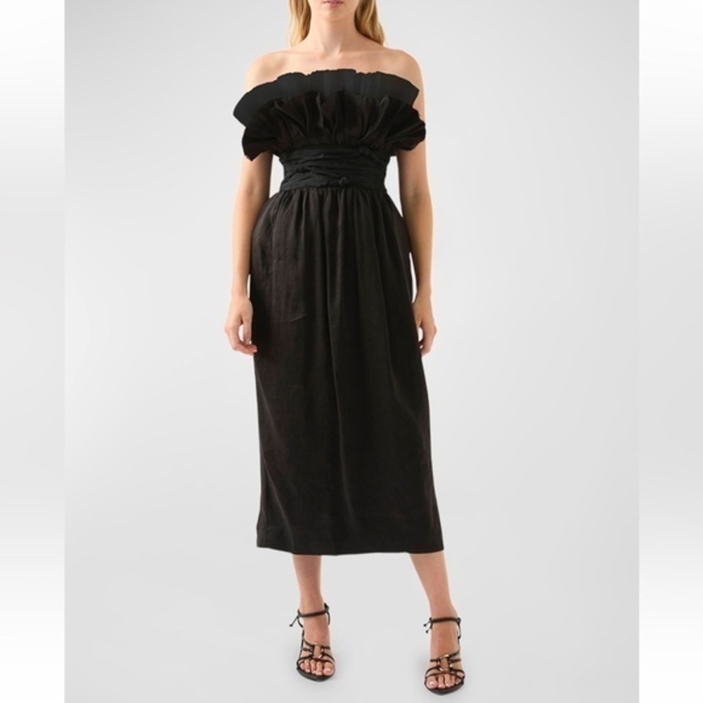 Aje Black Strapless Ruffle Midi Dress